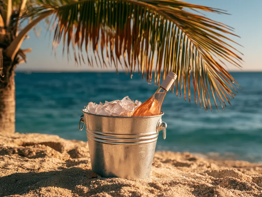 Ice bucket with rosé on the sand in the shade of a palm tree