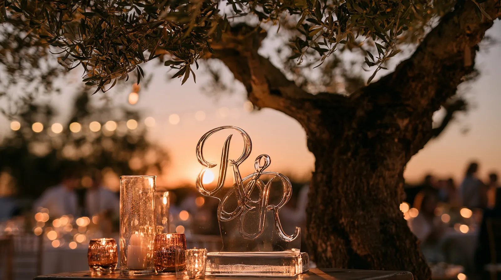 Escultura de gelo com as iniciais dos noivos num casamento numa quinta do Algarve