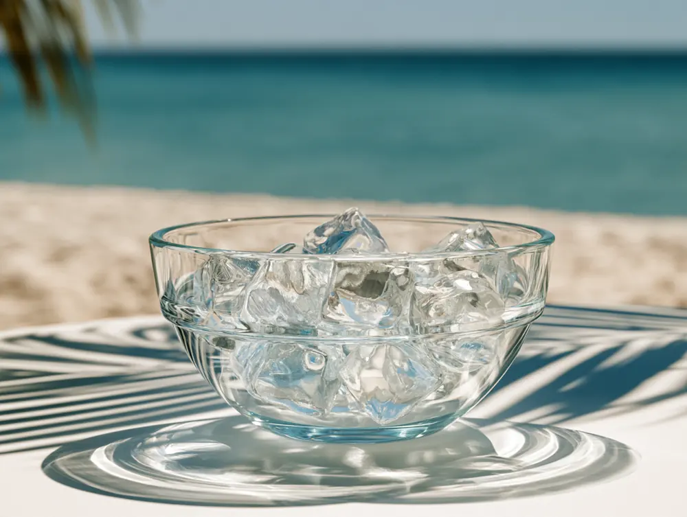 Bowl of ice cubes with palm shadows by the sea