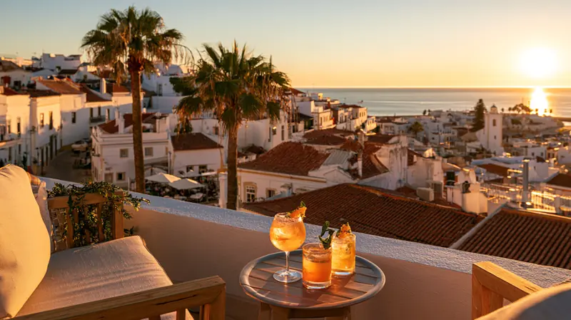 Cocktails with ice on a rooftop terrace above an Algarve old town